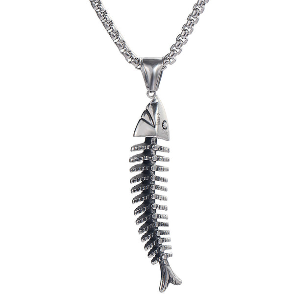Stainless Steel Fish Shape Fishbone Pendant Necklace Hip Hop Gothic Style Male Pendant Necklace Punk Boho Jewelry Gifts