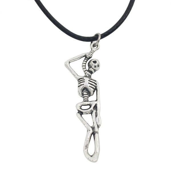 Punk Gothic Skeleton Pendant Necklace Hip Hop Vintage Silver Skull Necklaces For Men Leather Rope Necklace Mens Jewelry